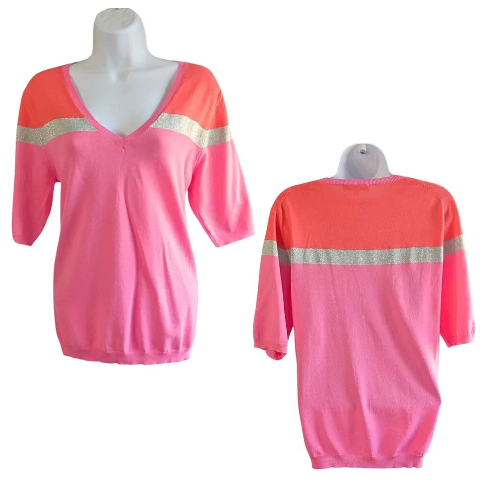 NWOT VILAGALLO Spanish Pink Coral Silver 1/2 Sleeve Colorblock Knit Blouse Sz S - Picture 6 of 6